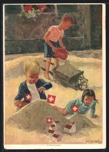 Künstler-AK Schweizer Rotes Kreuz, Bundesfeier 1937, Kinder spielen im Sand