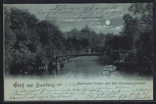 Mondschein-AK Hamburg-St.Pauli, Botanischer Garten u. Zoll-Directions-Gebäude, mit Brücke