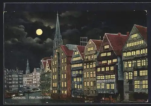 AK Alt-Hamburg, Fleet, Deichstrasse, Ansicht bei Vollmond