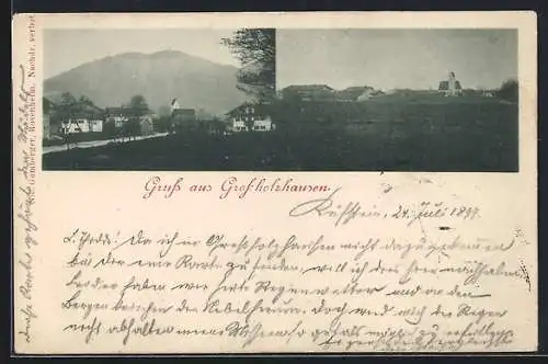 AK Grossholzhausen, Ortspanorama mit Bergblick und Strasse