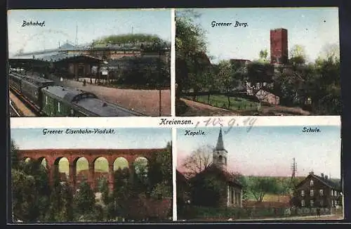 AK Kreiensen, Bahnhof, Greener Eisenbahn-Viaduct, Kapelle u. Schule