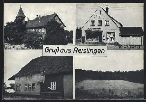 AK Reislingen, Bäckerei und Conditorei Kowalewski, Gasthaus Schulze, Schule, Sportplatz