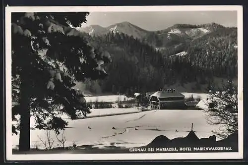 AK Grünau bei Mariazell, Hotel Marienwasserfall im Schnee