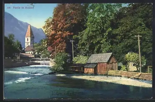 AK Aussee, Wasserpartie mit Blick zur Kirche