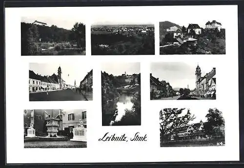 AK Leibnitz /Stmk., Gesamtansicht, Marktplatz, Brunnen, Kirche