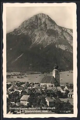 AK Gröbming, Teilansicht mit dem Stoderzinken, Kirche mit Zwiebelturm