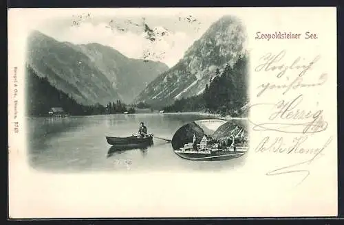 AK Eisenerz, Schloss & Leopoldsteiner See, Mann im Boot, um 1900