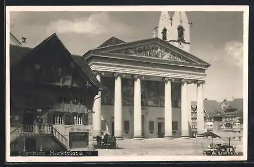 AK Dornbirn, Marktplatz mit Gasthaus Weinstube Rotes Haus, Pferdegespann