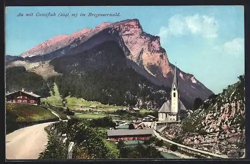 AK Au im Bregenzer Wald, Strassenpartie mit Kirche gegen den Canisfluh