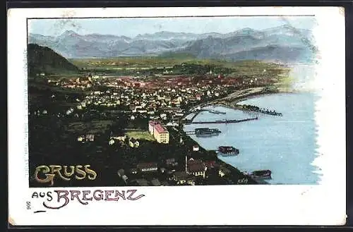AK Bregenz, Ortsansicht mit Seeufer aus der Vogelschau