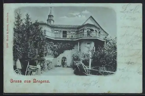 Mondschein-AK Bregenz, Hauseingang bei Nacht