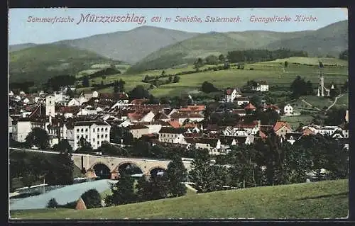 AK Mürzzuschlag, Totalansicht mit evang. Kirche