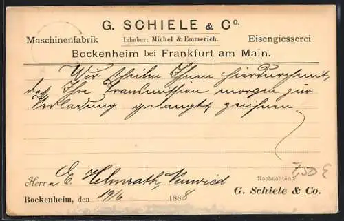 AK Bockenheim bei Frankfurt, Briefkarte der Maschinenfabrik G. Schiele & Co.