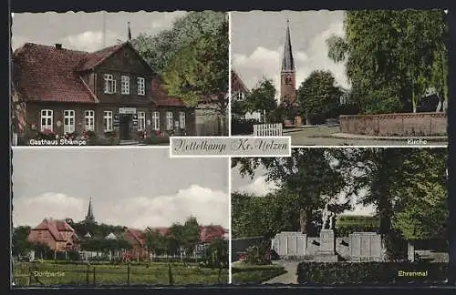 AK Nettelkamp /Uelzen, Gasthaus Strampe, Kirche, Ehrenmal