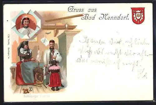 Lithographie Bad Nenndorf, Familie in Bückeburger Trachten