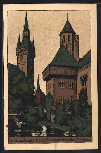 Steindruck-AK Braunschweig, Burg Dankwarderode und Rathaus