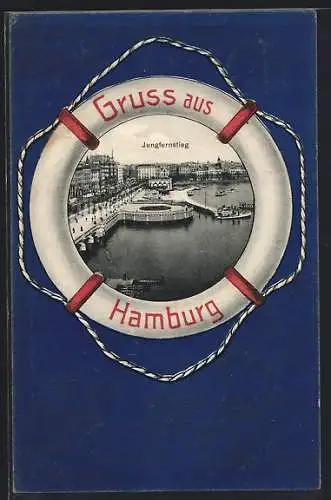 AK Hamburg-Neustadt, Blick auf den Jungfernstieg, Rettungsring als Passepartout