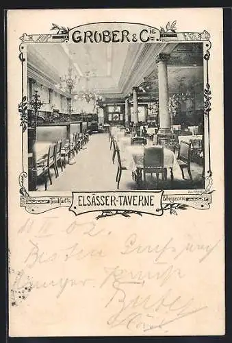 AK Frankfurt a. M., Das Gasthaus Elsässer-Taverne, Gruber & Cie., Innenansicht, Bibergasse 10