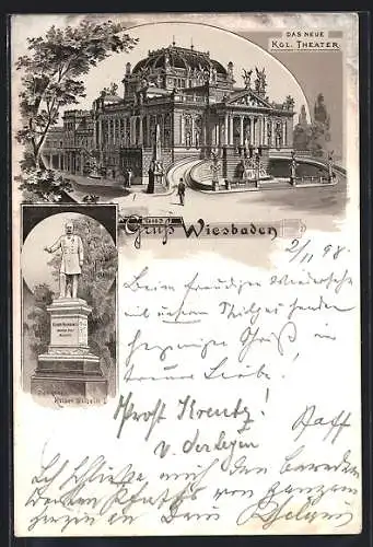 Lithographie Wiesbaden, Das neue Kgl. Theater, Denkmal Kaiser Wilhelm I.