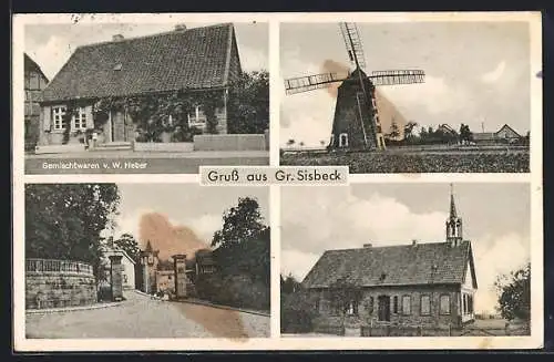 AK Gr. Sisbeck, Gemischtwaren W. Heber, Windmühle und Kirche