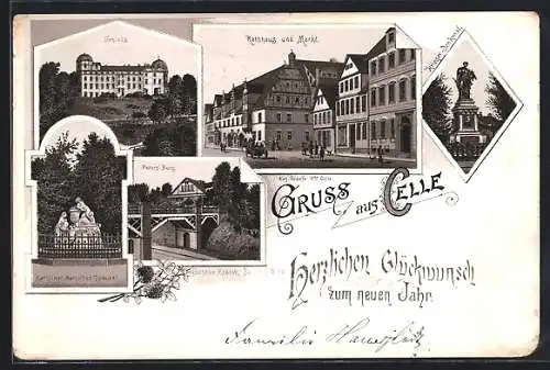 Vorläufer-Lithographie Celle, 1892, Schloss, Peter`s Burg und Krieger-Denkmal