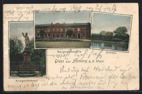 AK Nienburg a. d. Weser, Kriegerdenkmal, Baugewerkschule und Schloss