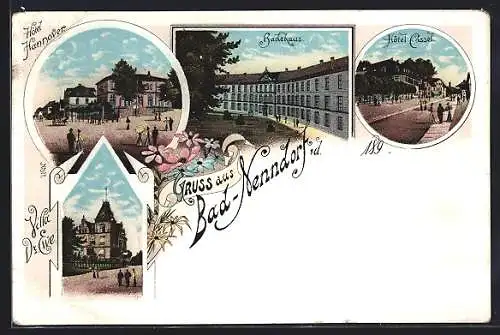 Lithographie Bad-Nenndorf, Hotel Hannover, Badehaus und Hotel Cassel