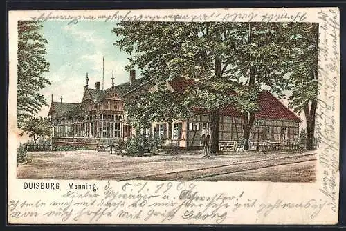 Lithographie Duisburg, Gasthaus Monning von der Strasse aus