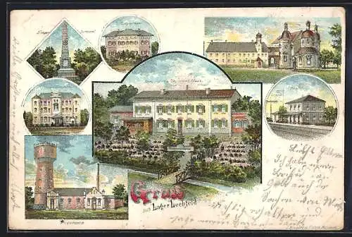 Lithographie Lechfeld, Truppenlager, Restaurant zum steinernen Haus, Bahnhof, Wasserwerk