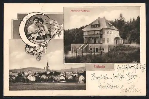 AK Pulsnitz i. Sa., Ortsansicht mit Restaurant Waldhaus