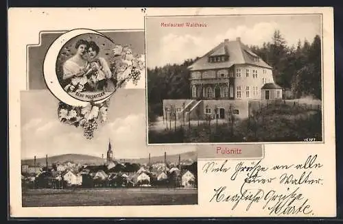 AK Pulsnitz i. Sa., Ortsansicht mit Restaurant Waldhaus