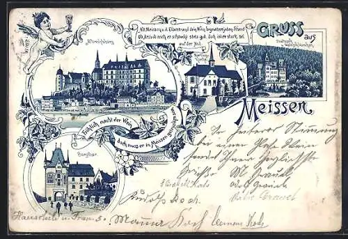 Lithographie Meissen, Stadtpark mit Waldschlösschen, Albrechtsburg und Burgthor