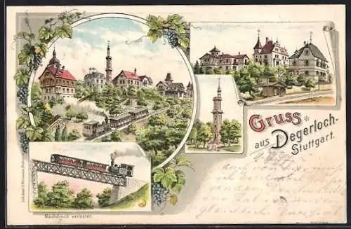 Lithographie Degerloch-Stuttgart, Gasthaus auf dem Gipfel, Bergbahn, Aussichtsturm