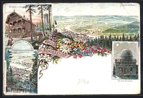 Lithographie Heidelberg / Neckar, Königsstuhl, Gasthaus mit Thurm, neue Sternwarte, Gesamtansicht