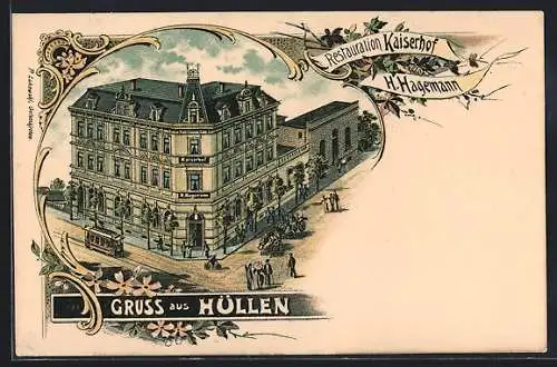 Lithographie Hüllen / Gelsenkirchen, Restaurant Kaiserhof von H. Hagemann aus der Vogelschau