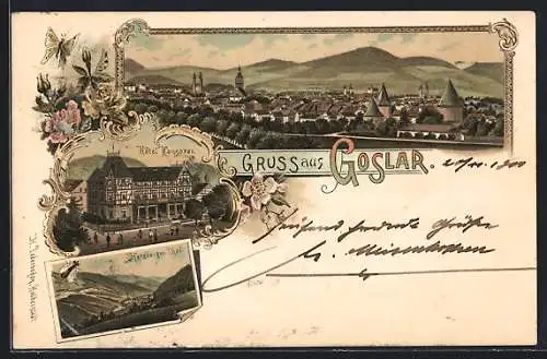 Lithographie Goslar, Totalansicht, Hotel Hannover, Herzberger Thal