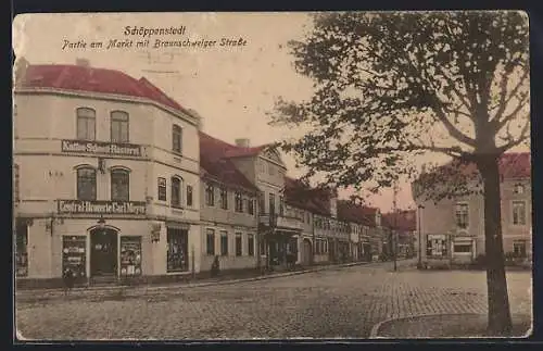 AK Schöppenstedt, Partie am Markt mit Braunschweiger Strasse