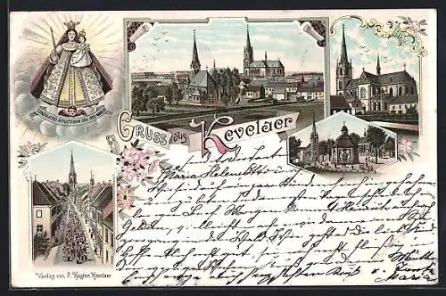 Lithographie Kevelaer, Kirche, Prozession und Teilansichten