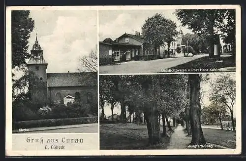 AK Curau ü. Lübeck, Kirche, Gemischtwaren u. Post Hans Kahl und Jungfernstieg