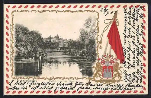 Passepartout-Lithographie Hamburg-St.Pauli, Botanischer Garten mit Brücke, Fahne und Wappen