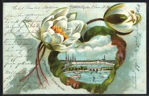 Lithographie Hamburg, Alsterbassin mit Lombardsbrücke im Seerosen-Passepartout