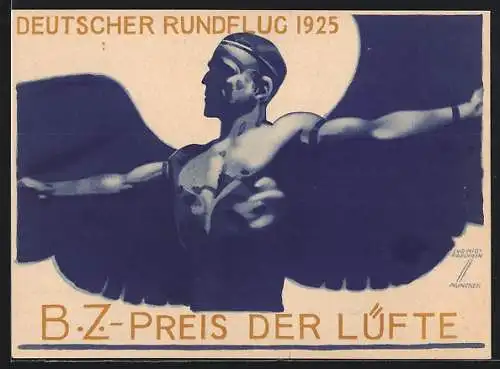 Künstler-AK Ludwig Hohlwein: Deutscher Rundflug 1925, B.Z.-Preis der Lüfte, Mann mit Flügel