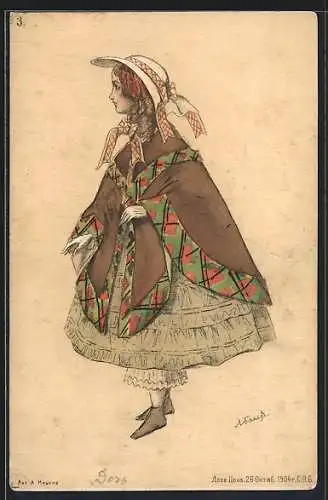 Künstler-AK sign. Bakst: Mädchen mit Hut und Umhang über Kleid mit Reifrock, Rotes Kreuz Russland