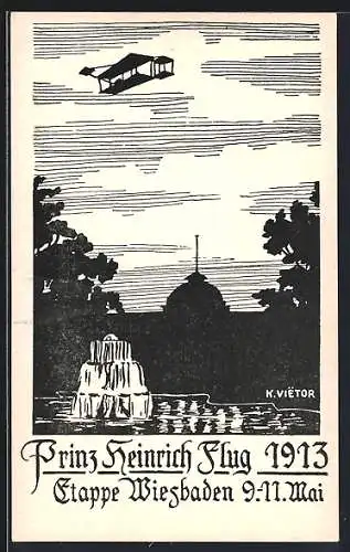 Künstler-AK Wiesbaden, Prinz Heinrich-Flug 1913 - Doppeldecker-Flugzeug am Himmel über Brunnen und Schloss