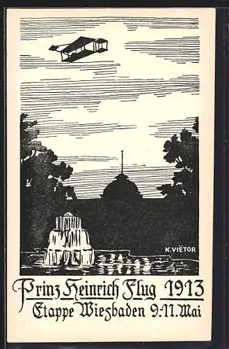 Künstler-AK Wiesbaden, Prinz Heinrich-Flug 1913 - Doppeldecker-Flugzeug am Himmel über Brunnen und Schloss
