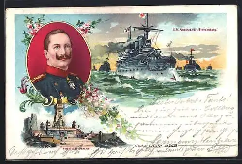 Lithographie S. M. Panzerschiff Brandenburg des Ostasiengeschwaders, Portrait Kaiser Wilhelm II.