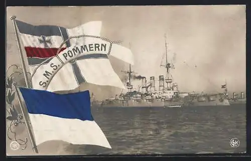 AK Kriegsschiff S.M.S. Pommern auf See, Reichskriegsflagge