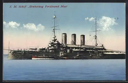 AK Kriegsschiff S. M. S. Erzherzog Ferdinand Max auf hoher See