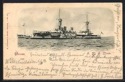 AK Kriegsschiff S. M. S. Wörth des ostasiat. Kreuzergeschwaders in China vor Anker