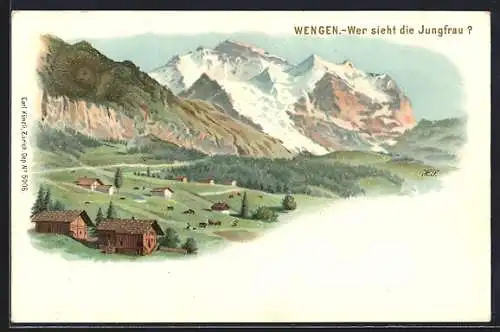 Lithographie Wengen, Wer sieht die Jungfrau?, Künzli Nr. 5006, Berg mit Gesicht / Berggesichter, Bilderrätsel